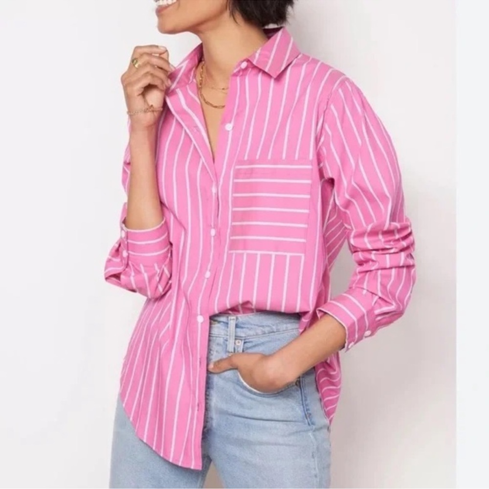 ▪️Evereve Ciera Relaxed Button Down Shirt Pink & White Striped Size XS